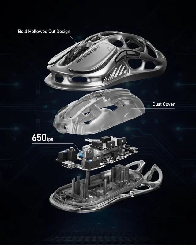 Alt view image 5 of 7 - Mercury M2 Wireless Gaming Mouse with 26,000 DPI, PAW3395DM Sensor -79g Lightweight Hollowed-Out Design -5 Programmable Buttons -5 Dynamic Lightsync RGB