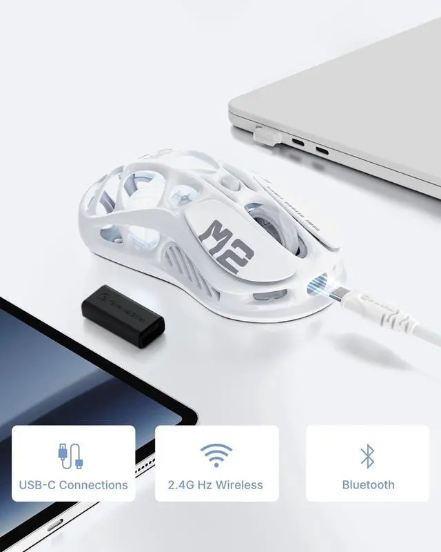 Alt view image 4 of 6 - Mercury M2 Wireless Gaming Mouse with 26,000 DPI, PAW3395DM Sensor -79g Lightweight Hollowed-Out Design -5 Programmable Buttons -5 Dynamic Lightsync RGB White