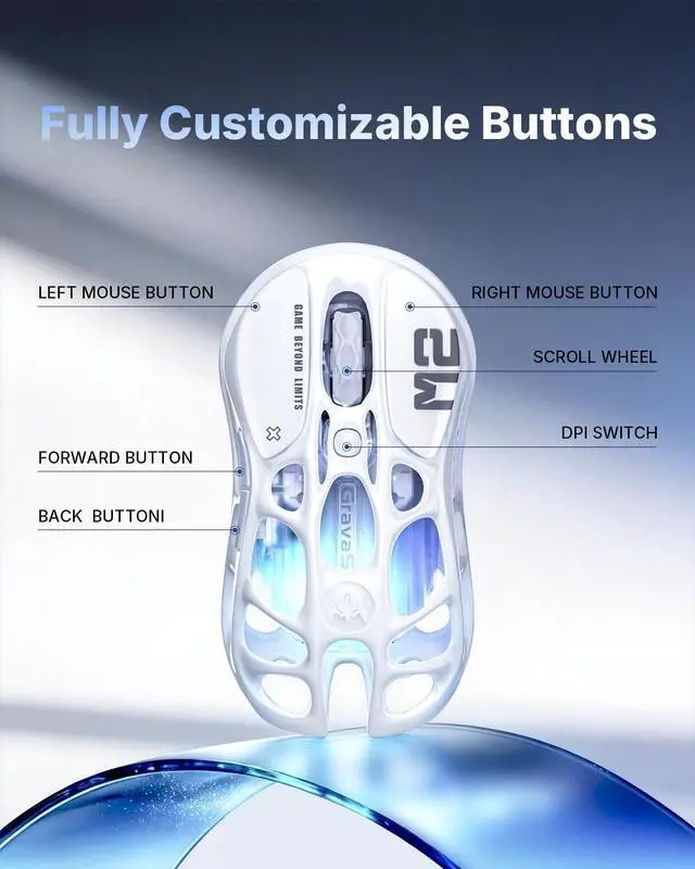 Alt view image 5 of 6 - Mercury M2 Wireless Gaming Mouse with 26,000 DPI, PAW3395DM Sensor -79g Lightweight Hollowed-Out Design -5 Programmable Buttons -5 Dynamic Lightsync RGB White