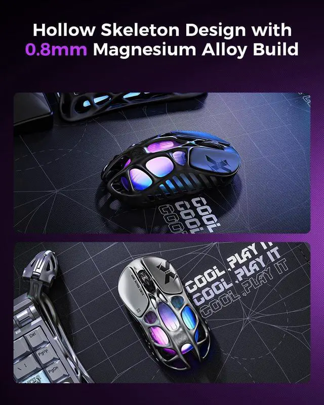 Alt view image 5 of 7 - Mercury X Pro Wireless Gaming Mouse, Come with 8K Dongle 32,000 DPI PAW 3950 Sensor, 8,000Hz Polling Rate, Only 49g, Magnesium Alloy Hollow Frame, RGB Lighting, 5 Programmable Buttons Gray