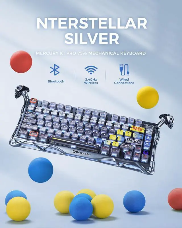Alt view image 4 of 7 - Mercury K1 Pro Wireless Mechanical Gaming Keyboard, 75% Layout RGB Custom Keyboard, Aluminum Alloy Matte Black Frame with Phoenix-Inspired Keycaps, Hot-Swappable Linear Switches Interstellar Silver