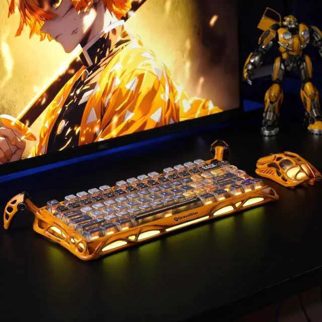 Alt view image 2 of 4 - Mercury K1 Pro Wireless Mechanical Gaming Keyboard, 75% Layout RGB Custom Keyboard, Aluminum Alloy Matte Black Frame with Phoenix-Inspired Keycaps, Hot-Swappable Linear Switches Battle-Worn Yellow