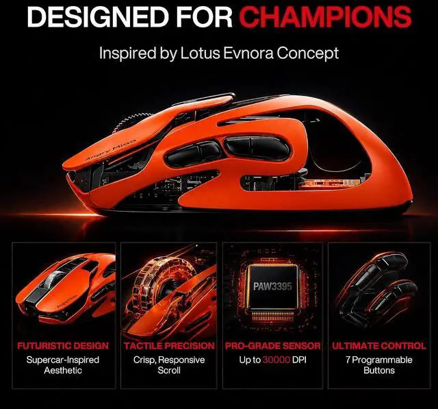 Alt view image 2 of 7 - Infinity Gaming Wireless Mouse 49g Ultralight Metal Design, 30000 DPI PAW3950 Sensor, Dual 8K Polling, Hot-Swappable Battery, Tri-Mode 2.4G/Bluetooth/Wired RGB Gaming Mouse- Blaze Orange