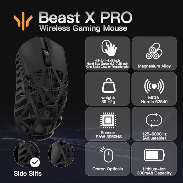 Alt view image 6 of 6 - Beast X Pro Ultra-Light 39g Magnesium Gaming Mouse, PAW3950 HS Sensor, 8K Polling Rate, 30000 DPI,OM & TTC Switches, Customizable Side Panels.