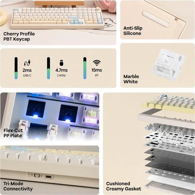 Alt view image 6 of 7 - Galaxy100 Lite QMK/VIA Gaming Keyboard with 8000mAh Battery and Numpad, 1800 Aluminum Mechanical Keyboard, USB-C/BT/2.4Ghz, Hot-Swap, Creamy Sound Creamy White Marble White Switch
