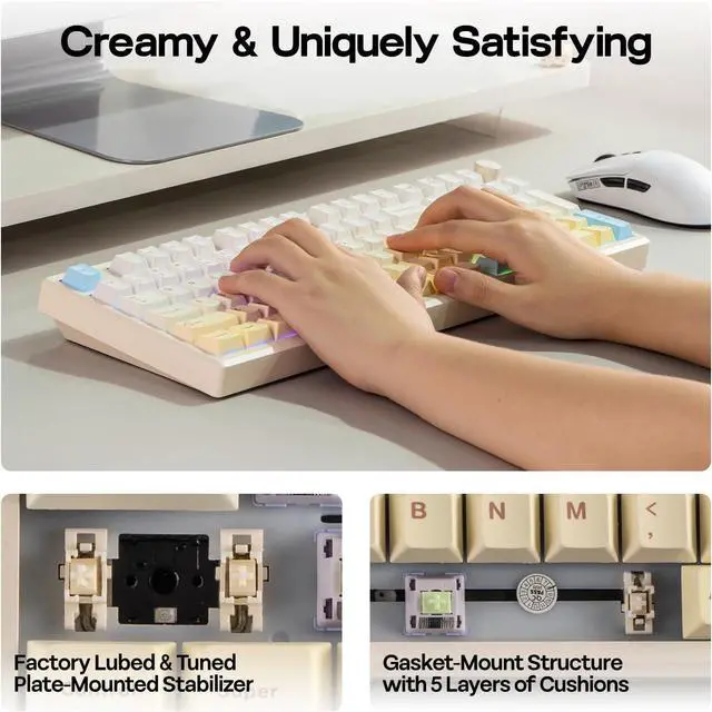 Alt view image 4 of 7 - Galaxy100 Lite QMK/VIA Gaming Keyboard with 8000mAh Battery and Numpad, 1800 Aluminum Mechanical Keyboard, USB-C/BT/2.4Ghz, Hot-Swap, Creamy Sound Creamy White Wisteria Linear Switch