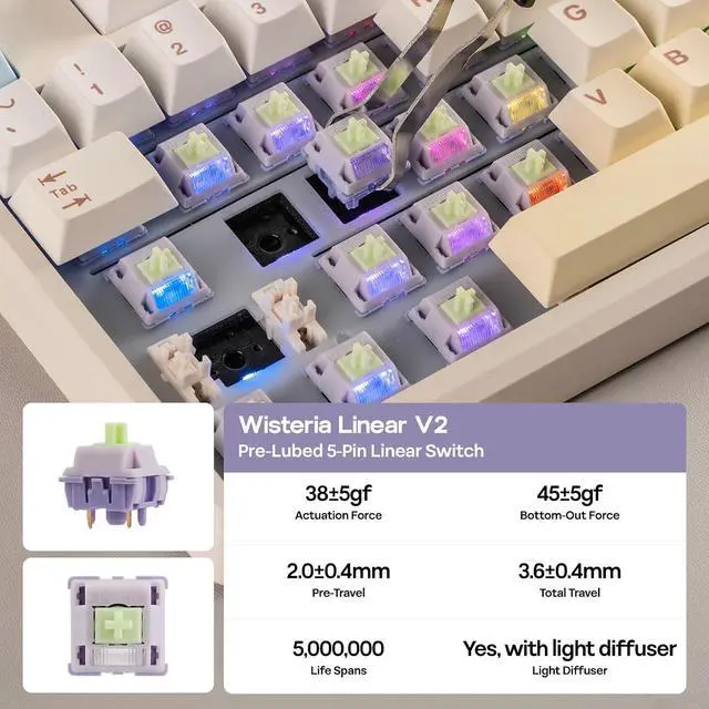 Alt view image 7 of 7 - Galaxy100 Lite QMK/VIA Gaming Keyboard with 8000mAh Battery and Numpad, 1800 Aluminum Mechanical Keyboard, USB-C/BT/2.4Ghz, Hot-Swap, Creamy Sound Creamy White Wisteria Linear Switch