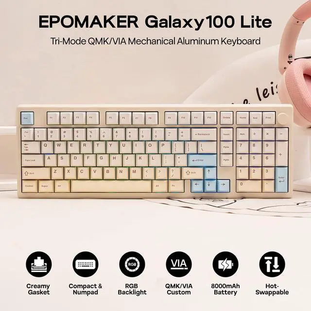 Alt view image 3 of 7 - Galaxy100 Lite QMK/VIA Gaming Keyboard with 8000mAh Battery and Numpad, 1800 Aluminum Mechanical Keyboard, USB-C/BT/2.4Ghz, Hot-Swap, Creamy Sound Creamy White Wisteria Linear Switch