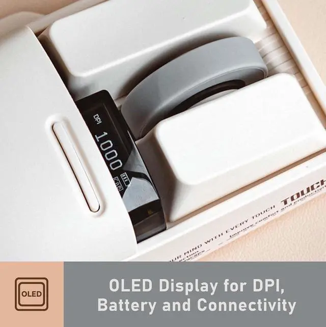 Alt view image 5 of 7 - ouch PBT Wireless Mouse with USB Receiver, Bluetooth, Wired Connection, Rechargeable, 4000 DPI with OLED Screen Compatible with Glass Surface for Mac Windows PC Notebook/Block Retro Grey