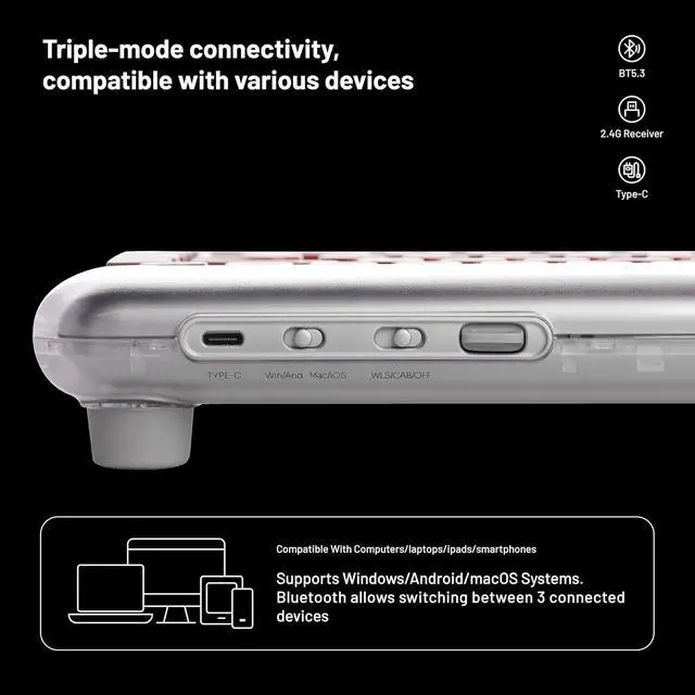 Alt view image 6 of 7 - DOT Lipstick Elegant 84 Keys Mechanical Keyboard, White Backlit Hot-Swappable Rechargeable Wireless Keyboard with Gasket Design, 3 Modes Connection for Windows, macOS/GATERON Linear Switches