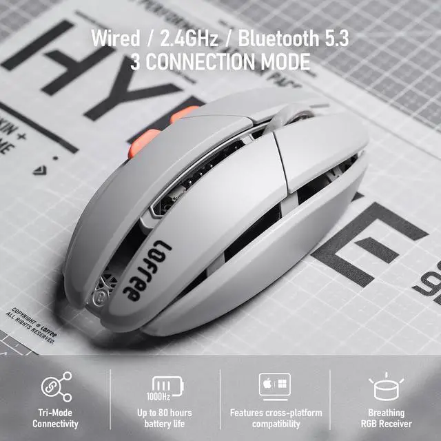 Alt view image 3 of 7 - Hypace Ultra-Lightweight Wireless Gaming Mouse, 47g, PAW3950 Sensor, 40K DPI, 8K Polling Rate, Mg Alloy Frame, Tri-Mode(Bluetooth/2.4GHz/Wired), 100Hrs Battery for PC/Mac (Ghost) Crayon Grey