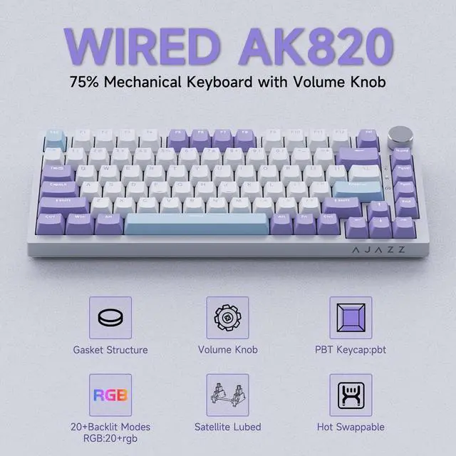 Alt view image 4 of 7 - AK820 TKL 75% Hot Swappable Mechanical Keyboard with Volume Knob, Gasket Mount Wired Gaming Keyboard, Pre-lubed Linear Switch, South-Facing RGB, PBT Keycaps