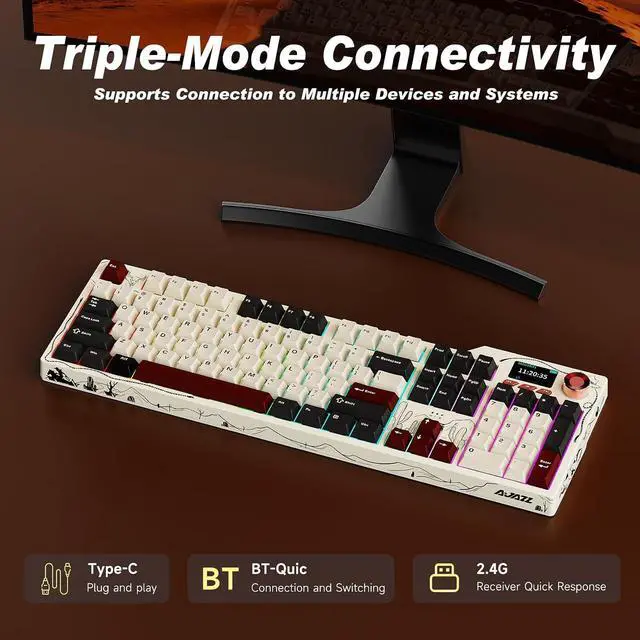 Alt view image 5 of 7 - AK35I V4 Full Size Wireless Mechanical Keyboard with 1.14" Color Screen & Knob, Tri-Mode Gasket Hot Swappable Gaming Keyboard, 10000mAh Battery, RGB, Black Red