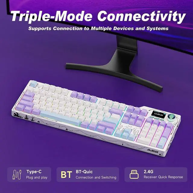 Alt view image 6 of 7 - AK35I V4 Full Size Wireless Mechanical Keyboard with 1.14" Color Screen & Knob, Tri-Mode Gasket Hot Swappable Gaming Keyboard, 10000mAh Battery, RGB, Black Red Purple White