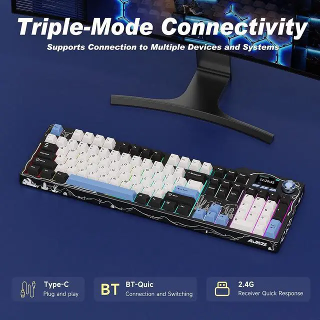 Alt view image 7 of 7 - AK35I V4 Full Size Wireless Mechanical Keyboard with 1.14" Color Screen & Knob, Tri-Mode Gasket Hot Swappable Gaming Keyboard, 10000mAh Battery, RGB, Black Red V4 Black White Blue