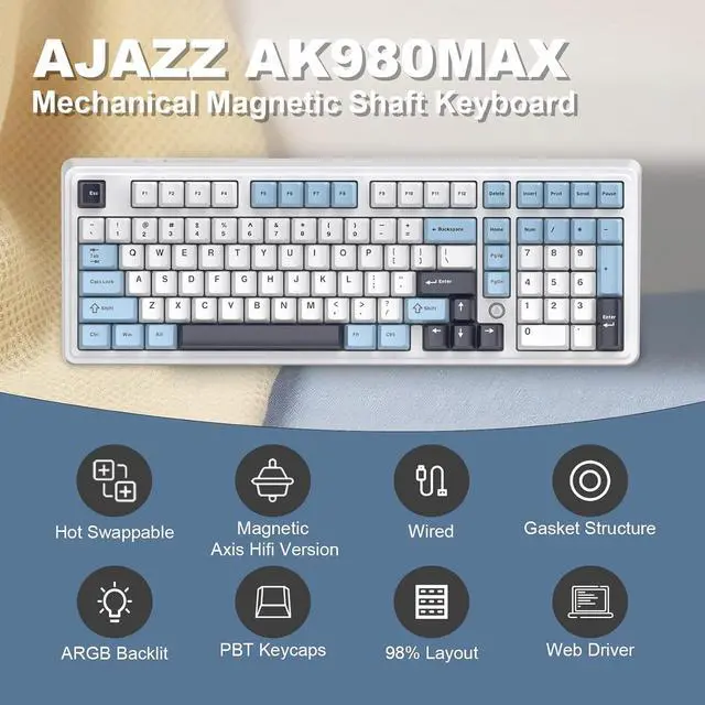 Alt view image 4 of 7 - AK980MAX Wired Magnetic Axis Mechanical Keyboard, 98% Hot-Swappable Custom Keyboard with RGB Backlighting, Pre-Lubricated Switches, PBT Keycaps, Suitable for MAC/Win/Visa/PC