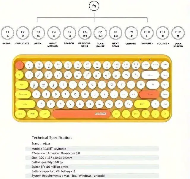Alt view image 2 of 3 - 84 Key Retro Bluetooth Keyboard with Cute Round Keycap | Portable Typewriter Style Wireless Keyboard for Children PC, Computer, Laptop, iPad, Android (Colorful-Yellow)
