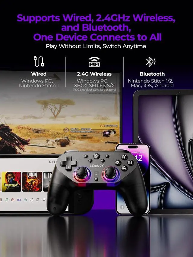 Alt view image 3 of 6 - Plus Wireless Game Controller, TMR Joysticks, Hall Effect & Tactile Dual Triggers Gaming Controller, 1000Hz Polling Rate, RGB Lighting for PS4/Switch1/2/PC/Android/iOS, Black