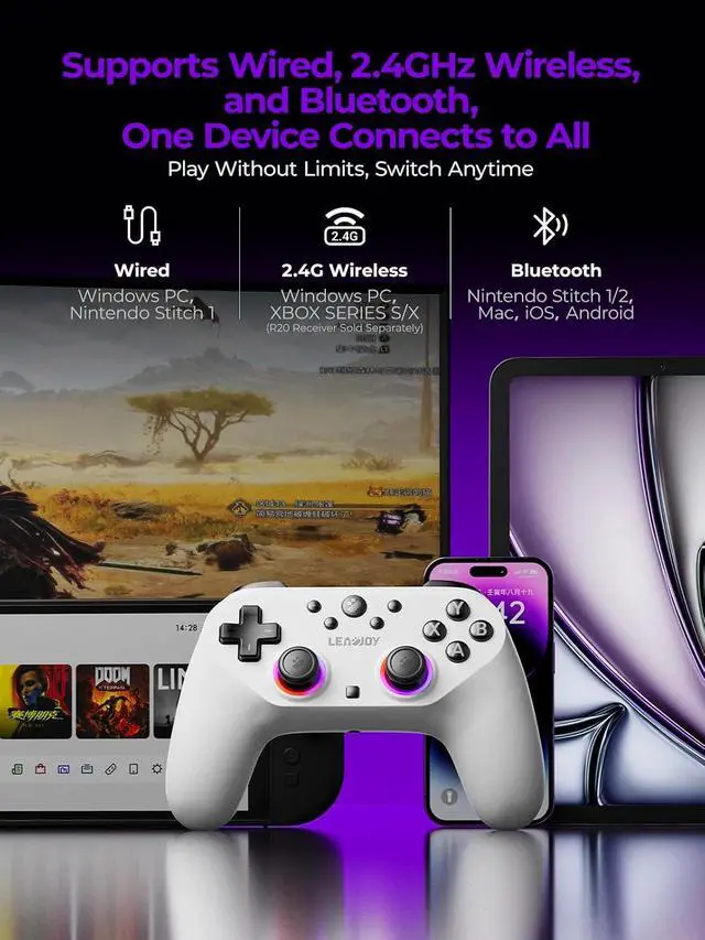 Alt view image 5 of 7 - Plus Wireless Game Controller, TMR Joysticks, Hall Effect & Tactile Dual Triggers Gaming Controller, 1000Hz Polling Rate, RGB Lighting for PS4/Switch1/2/PC/Android/iOS, Black White