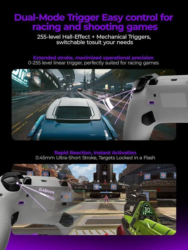 Alt view image 4 of 7 - Plus Wireless Game Controller, TMR Joysticks, Hall Effect & Tactile Dual Triggers Gaming Controller, 1000Hz Polling Rate, RGB Lighting for PS4/Switch1/2/PC/Android/iOS, Black White