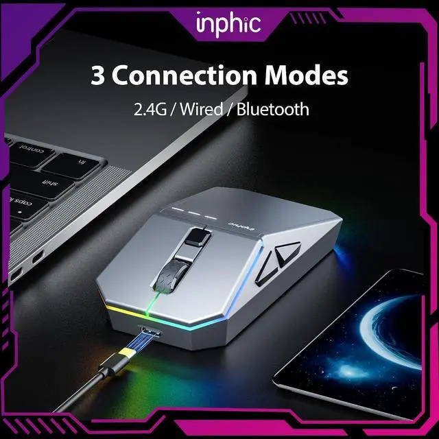 Alt view image 5 of 7 - Wireless Gaming Mouse, Tri-Mode 12000 DPI, 65g Lightweight Silent Mouse, 2.4G/BT5.0/Wired, Programmable Macro Keys