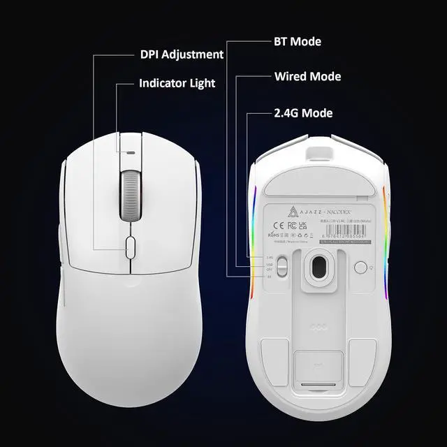 Alt view image 2 of 7 - AJ139 V2 MC Wireless Gaming Mouse with RGB Charging Dock, 66g Ultra-Lightweight Tri-Mode Optical Mouse, 12000 DPI PAW3311 Sensor, Ergonomic Rechargeable Gaming Mouse for PC/Mac - White