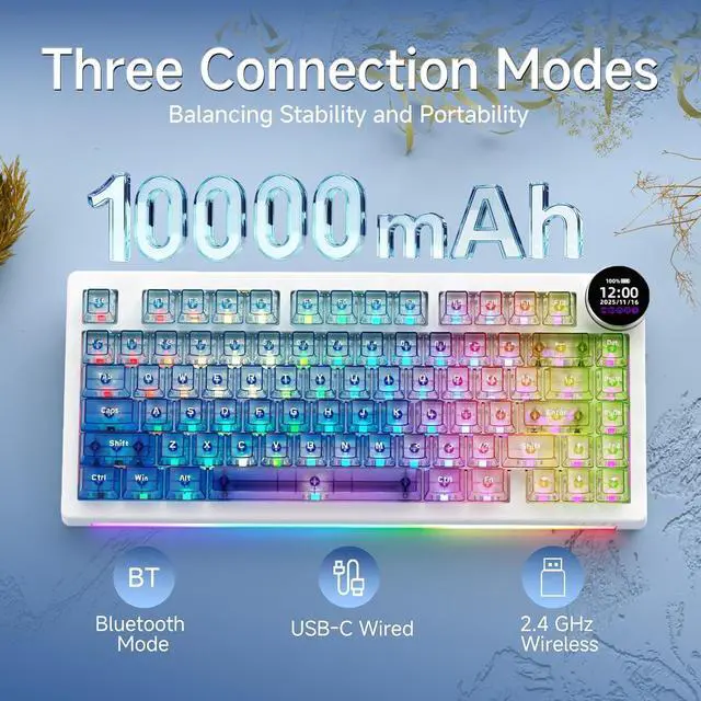 Alt view image 2 of 7 - AK820 V2 PRO Wireless Mechanical Keyboard with TFT Screen & RGB Light Show, 75% Tri-Mode Hot Swappable Gaming Keyboard, 10000mAh Battery, Transparent Keycaps, Gradient Multicolor