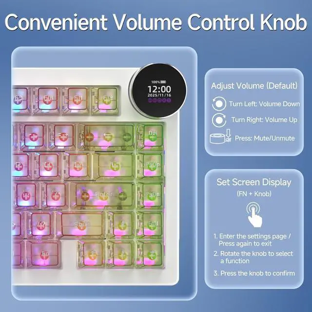Alt view image 6 of 7 - AK820 V2 PRO Wireless Mechanical Keyboard with TFT Screen & RGB Light Show, 75% Tri-Mode Hot Swappable Gaming Keyboard, 10000mAh Battery, Transparent Keycaps, Gradient Multicolor