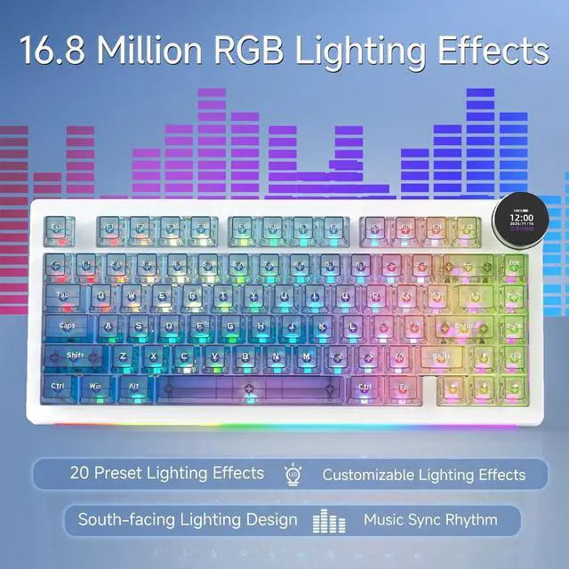 Alt view image 7 of 7 - AK820 V2 PRO Wireless Mechanical Keyboard with TFT Screen & RGB Light Show, 75% Tri-Mode Hot Swappable Gaming Keyboard, 10000mAh Battery, Transparent Keycaps, Gradient Multicolor