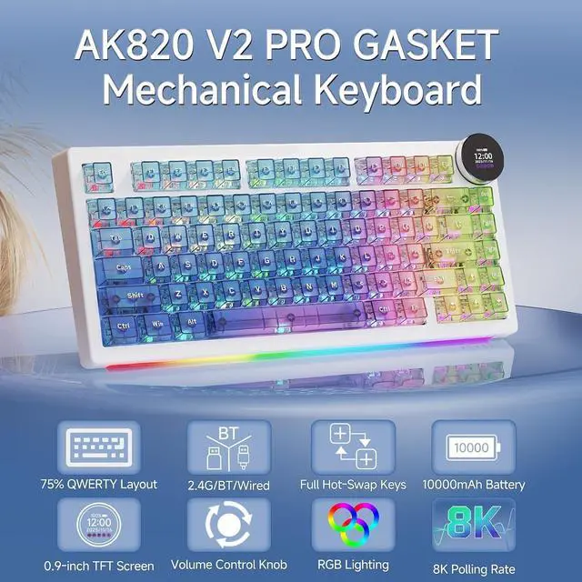 Alt view image 4 of 7 - AK820 V2 PRO Wireless Mechanical Keyboard with TFT Screen & RGB Light Show, 75% Tri-Mode Hot Swappable Gaming Keyboard, 10000mAh Battery, Transparent Keycaps, Gradient Multicolor