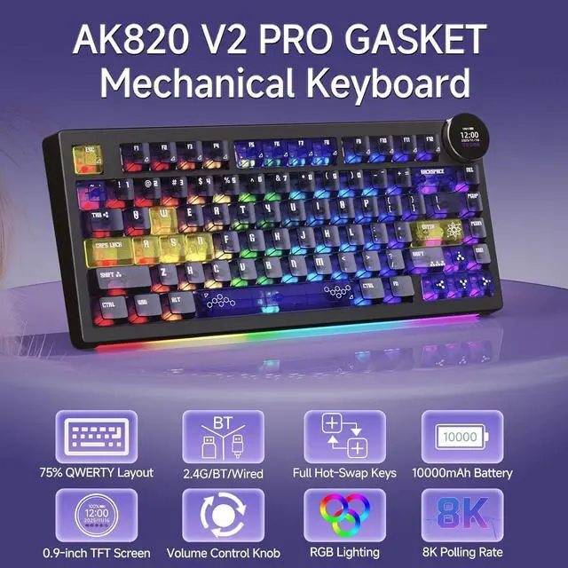 Alt view image 6 of 7 - AK820 V2 PRO Wireless Mechanical Keyboard with TFT Screen & RGB Light Show, 75% Tri-Mode Hot Swappable Gaming Keyboard, 10000mAh Battery, Transparent Keycaps, Gradient Multicolor Black Yellow Purple