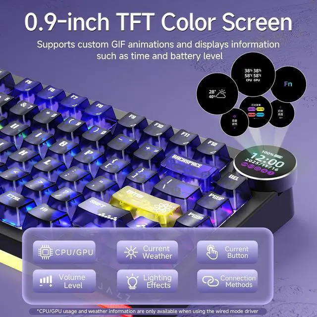 Alt view image 7 of 7 - AK820 V2 PRO Wireless Mechanical Keyboard with TFT Screen & RGB Light Show, 75% Tri-Mode Hot Swappable Gaming Keyboard, 10000mAh Battery, Transparent Keycaps, Gradient Multicolor Black Yellow Purple