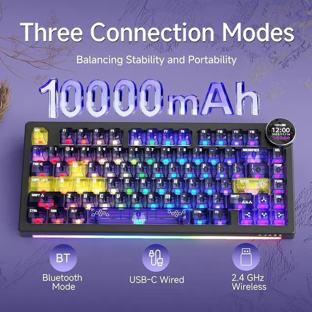 Alt view image 2 of 7 - AK820 V2 PRO Wireless Mechanical Keyboard with TFT Screen & RGB Light Show, 75% Tri-Mode Hot Swappable Gaming Keyboard, 10000mAh Battery, Transparent Keycaps, Gradient Multicolor Black Yellow Purple