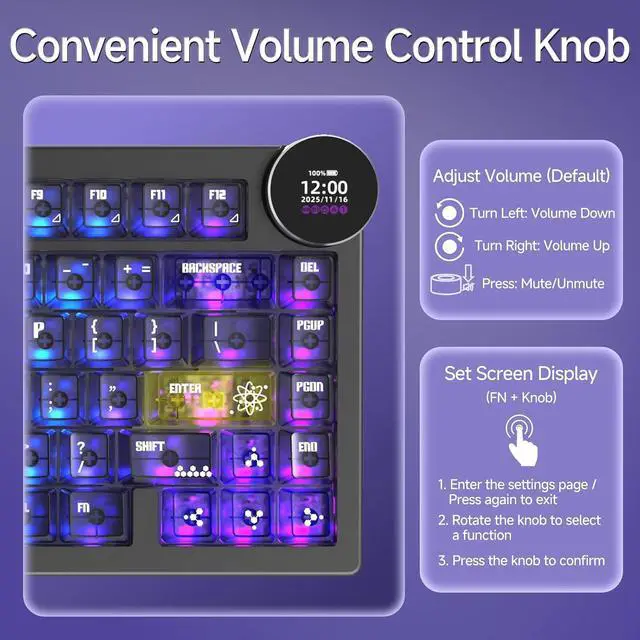 Alt view image 5 of 7 - AK820 V2 PRO Wireless Mechanical Keyboard with TFT Screen & RGB Light Show, 75% Tri-Mode Hot Swappable Gaming Keyboard, 10000mAh Battery, Transparent Keycaps, Gradient Multicolor Black Yellow Purple