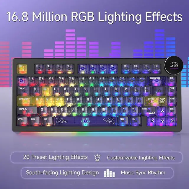 Alt view image 4 of 7 - AK820 V2 PRO Wireless Mechanical Keyboard with TFT Screen & RGB Light Show, 75% Tri-Mode Hot Swappable Gaming Keyboard, 10000mAh Battery, Transparent Keycaps, Gradient Multicolor Black Yellow Purple