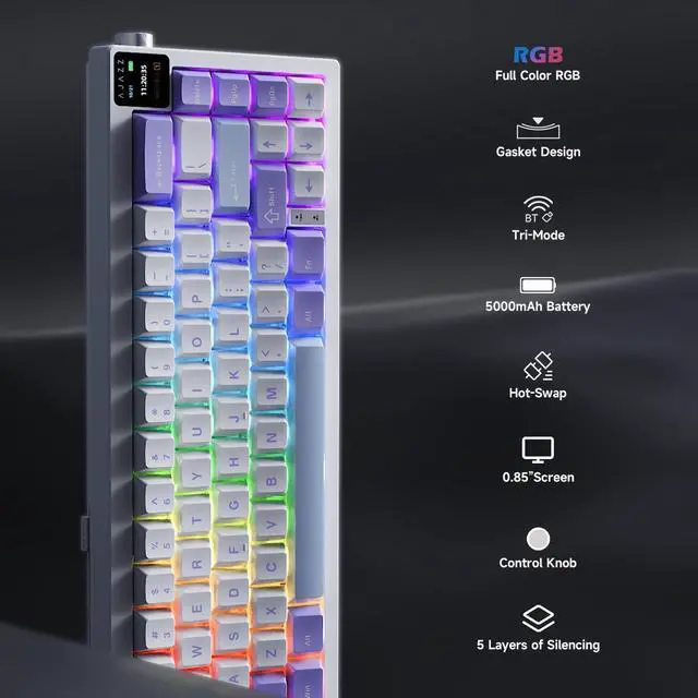 Alt view image 6 of 6 - AK650 Gasket Mechanical Keyboard, 65% Wireless Hot Swappable Keyboard with TFT Screen and Knob, RGB Backlit, Five-Layer Padding, 2.4GHz/USB-C/BT5.3 Gaming Keyboards,