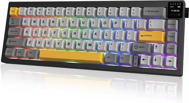 Main image of AK650 Gasket Mechanical Keyboard, 65% Wireless Hot Swappable Keyboard with TFT Screen and Knob, RGB Backlit, Five-Layer Padding, 2.4GHz/USB-C/BT5.3 Gaming Keyboards, Back Gray Yellow