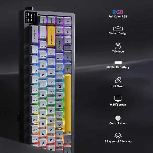 Alt view image 2 of 6 - AK650 Gasket Mechanical Keyboard, 65% Wireless Hot Swappable Keyboard with TFT Screen and Knob, RGB Backlit, Five-Layer Padding, 2.4GHz/USB-C/BT5.3 Gaming Keyboards, Back Gray Yellow