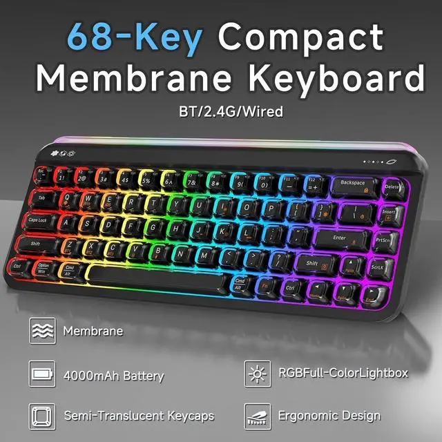 Alt view image 3 of 6 - AF68 Wireless Membrane Keyboard, 68% Layout 68-Key Gaming Keyboard, 2.4 GHz/Type-C/BT, RGB Lighting Effects with Integrated Side Light Bar, 4000mAh Battery, Translucent Keycaps black