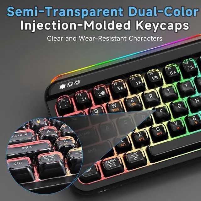 Alt view image 4 of 6 - AF68 Wireless Membrane Keyboard, 68% Layout 68-Key Gaming Keyboard, 2.4 GHz/Type-C/BT, RGB Lighting Effects with Integrated Side Light Bar, 4000mAh Battery, Translucent Keycaps black