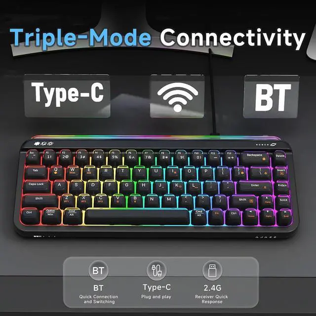Alt view image 6 of 6 - AF68 Wireless Membrane Keyboard, 68% Layout 68-Key Gaming Keyboard, 2.4 GHz/Type-C/BT, RGB Lighting Effects with Integrated Side Light Bar, 4000mAh Battery, Translucent Keycaps black