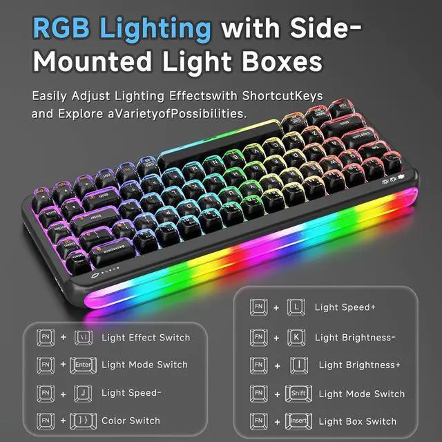Alt view image 5 of 6 - AF68 Wireless Membrane Keyboard, 68% Layout 68-Key Gaming Keyboard, 2.4 GHz/Type-C/BT, RGB Lighting Effects with Integrated Side Light Bar, 4000mAh Battery, Translucent Keycaps black