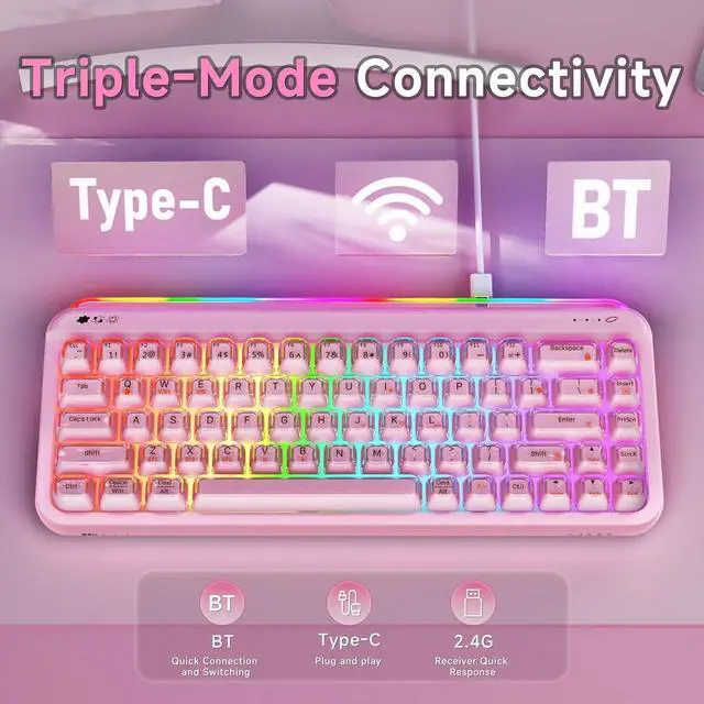 Alt view image 5 of 6 - AF68 Wireless Membrane Keyboard, 68% Layout 68-Key Gaming Keyboard, 2.4 GHz/Type-C/BT, RGB Lighting Effects with Integrated Side Light Bar, 4000mAh Battery, Translucent Keycaps pink