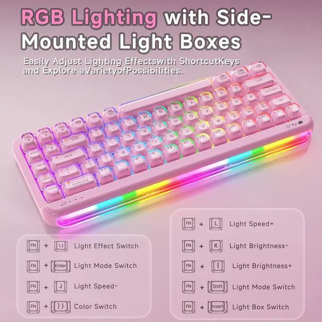 Alt view image 3 of 6 - AF68 Wireless Membrane Keyboard, 68% Layout 68-Key Gaming Keyboard, 2.4 GHz/Type-C/BT, RGB Lighting Effects with Integrated Side Light Bar, 4000mAh Battery, Translucent Keycaps pink