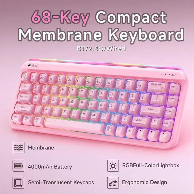 Alt view image 6 of 6 - AF68 Wireless Membrane Keyboard, 68% Layout 68-Key Gaming Keyboard, 2.4 GHz/Type-C/BT, RGB Lighting Effects with Integrated Side Light Bar, 4000mAh Battery, Translucent Keycaps pink