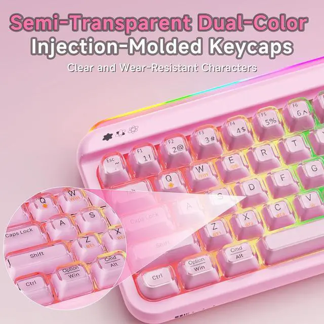 Alt view image 4 of 6 - AF68 Wireless Membrane Keyboard, 68% Layout 68-Key Gaming Keyboard, 2.4 GHz/Type-C/BT, RGB Lighting Effects with Integrated Side Light Bar, 4000mAh Battery, Translucent Keycaps pink