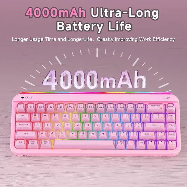 Alt view image 2 of 6 - AF68 Wireless Membrane Keyboard, 68% Layout 68-Key Gaming Keyboard, 2.4 GHz/Type-C/BT, RGB Lighting Effects with Integrated Side Light Bar, 4000mAh Battery, Translucent Keycaps pink