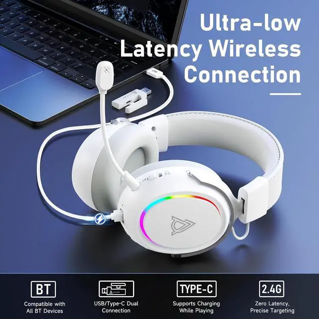 Alt view image 6 of 7 - AHM10 MAX Wireless Gaming Headset, Compatible with PC, PS5, Xbox Series X|S, 53mm, Memory Foam Ear Cushions, Aluminum Alloy Frame, 360° Noise-canceling, 2000mAh Battery, 7.1 Surround Sound.