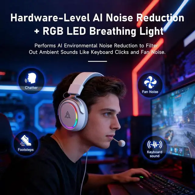 Alt view image 2 of 7 - AHM10 MAX Wireless Gaming Headset, Compatible with PC, PS5, Xbox Series X|S, 53mm, Memory Foam Ear Cushions, Aluminum Alloy Frame, 360° Noise-canceling, 2000mAh Battery, 7.1 Surround Sound.