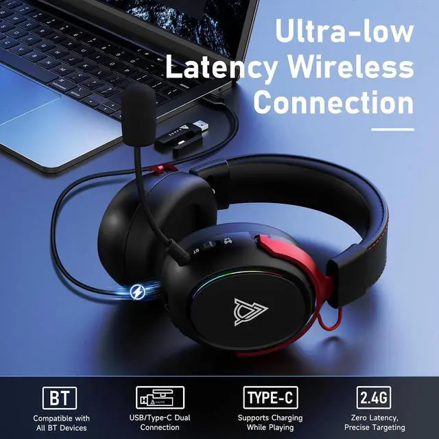 Alt view image 4 of 7 - AHM10 MAX Wireless Gaming Headset, Compatible with PC, PS5, Xbox Series X|S, 53mm, Memory Foam Ear Cushions, Aluminum Alloy Frame, 360° Noise-canceling, 2000mAh Battery, 7.1 Surround Sound. Black